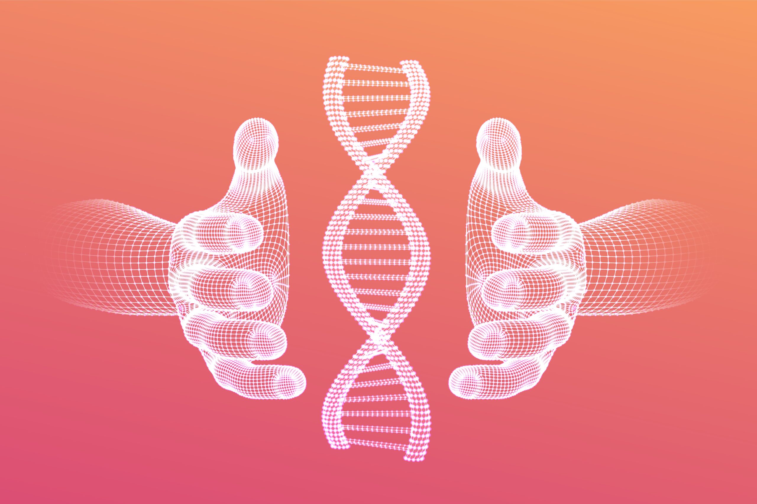 DNA sequence in hands. Wireframe DNA molecules structure mesh. DNA code editable template. Science and Technology concept. Vector illustration